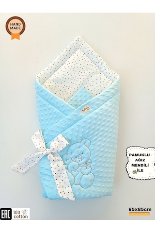 Nohut Bebek Battaniyesi & Kundağı Ayıcık İşlemeli Hastane Çıkışı Yenidoğan Örtü / Yorgan Mavi