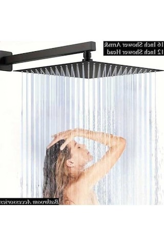 Fastbuy Mat Siyah Tüm Metal Paslanmaz Çelik Duş Başlığı, 40 Cm Uzatma Kolu, 30 Cm Kare Şelale, Yüksek Akış, Kurulum Kiti Mat Siyah