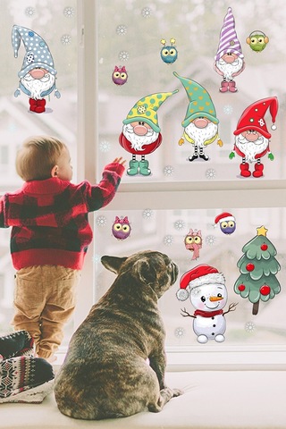 Yılbaşı Sticker Noel Cüceler Baykuş Kardan Adam Ve Kartaneleri Pencere Sticker