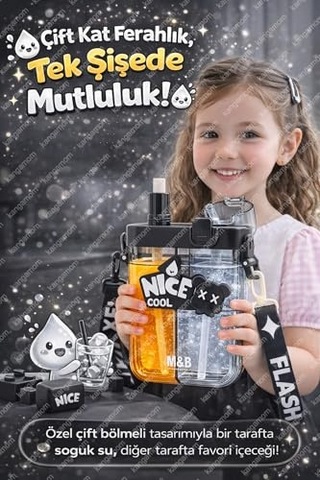 Çift Bölmeli Nice Cool Matara, Çift Kapaklı, Pipetli, 0,70 L, Siyah, Çocuk Okul Suluk, Boyun Askılı Genel