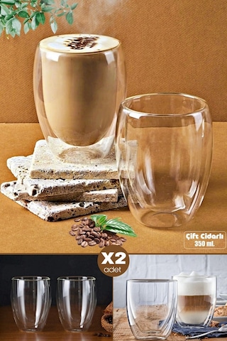 Tilbe Home 2li Çift Cidarlı Cam Bardak 350 Ml Pipetli Çay Kahve Sunum Bardağı Isıya Dayanıklı Kupa B Şeffaf