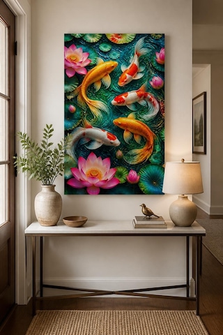 Koi Balığı Ve Lotus Baskılı Cam Tablo Renkli Uv Baskı Dekoratif Duvar Tablosu