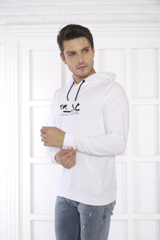 Escetic Spor Erkek Beyaz Cepli, Kapüşonlu Sweatshirt-4178