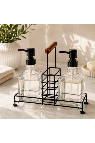 2'li Cam Sıvı Metal Standlı Sabunluk & Deterjanlık Seti- 500 Ml Şeffaf