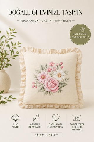 4'lü Fırfırlı Çiçek Desenli Dekoratif Kırlent Kılıfı %100 Pamuk Organik Boya Baskılı 45x45 Cm Şeffaf