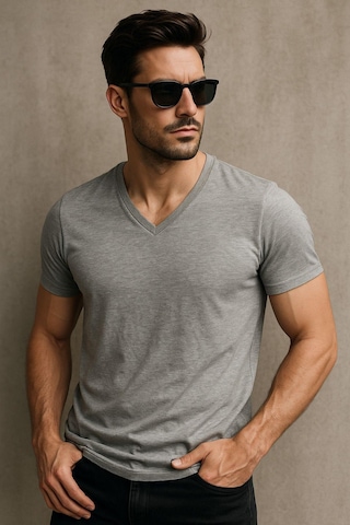 Rich Erkek %100 Pamuk Kısa Kollu V Yaka Gri T-shirt Gri