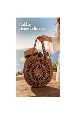 Nakkaş Home Collection Jüt Çanta Kadın Hasır Çanta, Plaj Çantası, Omuz Ve Günlük Kullanım Çantası-kahverengi-40x35 Cm