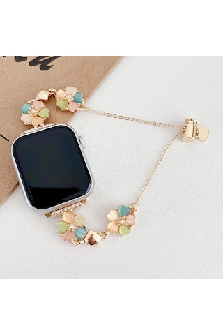 Apple Uyumlu Watch 10 Serisi 42mm - 38/40/41mm Kordon Taşlı Parlak İnce Flower Metal Bayanlar İçin Band