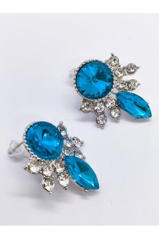 Sapphire Store Gümüş Renk Mavi Taşlı Kolye Küpe Seti Gümüş