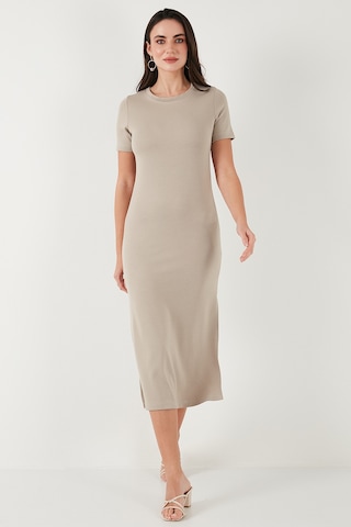 Lela Regular Fit Bisiklet Yaka Yırtmaç Detaylı Midi Bayan Elbise 5866165 Taş