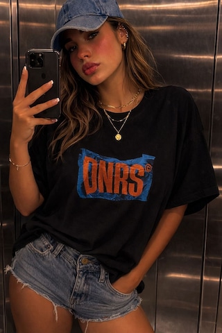 Yolo Street Onrs Baskılı Oversize Beyaz Tişört Kadın Streetwear T-shirt Siyah