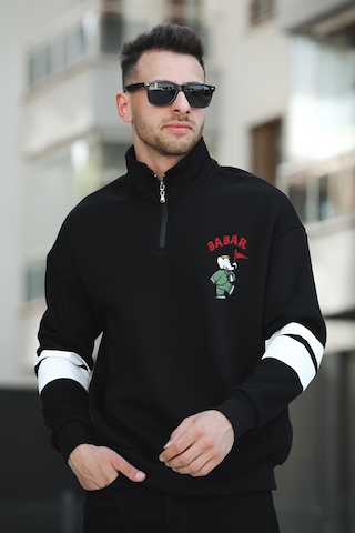 Oksit Babar Üç İplik Şardonlu Nakışlı Fermuarlı Dik Yaka Oversize Erkek Sweatshirt 001