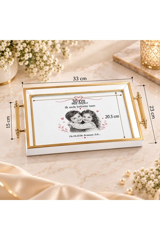 Bk Gift Kişiye Özel Fotoğraflı Beyaz&gold Söz Nişan Tepsisi-2 - 39x23 Cm Çok Renkli