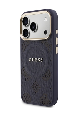 Apple Uyumlu iPhone 17 Pro Max Kılıf Guess Lisanslı M-safe Sıcak Baskılı Yazı Logolu Pu Deri Peony Kapak Lacivert