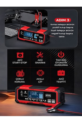 24v/8a 12v/15a Akıllı Akü Şarj Ve Onarım Cihazı Yaz Kış Modlu Lcd Ekranlı Start Stop