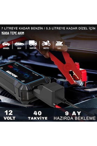 Avapow A9 29.6WH/8000MAH 1500A Jump Starter Taşınabilir Akü Takviye Kiti (Powerbank + LCD + LED Işık)