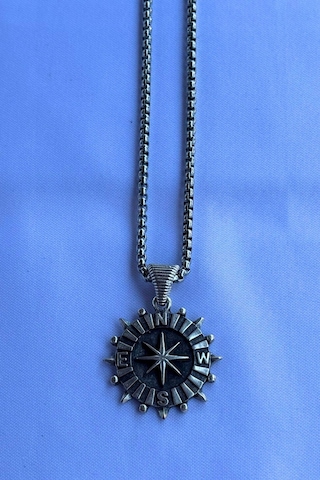 Pusulalı El İşçiliği Paslanmaz Çelik Zincir Erkek Kolye Gümüş