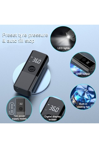 Vkemall Siyah Akıllı El Tipi Lastik Pompa, Otomatik Durdurma Ve Led Işıklı, Araçlı Çalışma, Baskı Gösterici, Çoklu Mod, Akıllı Şarj Cihazı