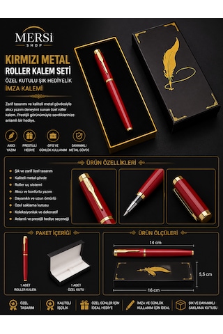 Kırmızı Metal Roller Kalem Seti Özel Kutulu Şık Hediyelik İmza Kalemi Gül Kırmızı
