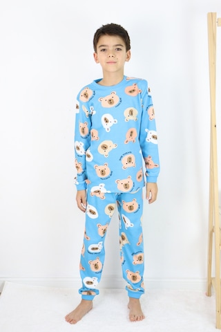 Erkek Çocuk Baskılı İnterlok Kumaş Uzun Kollu Pijama Takımı Açık Mavi