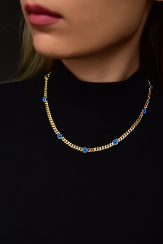 925 Ayar Gümüş Gold Kaplama Cam Göz Zincir Kolye