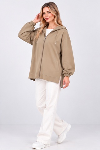 Fiolin Kristal 2 İplik Salaş Fermuarlı Sweatshirt Bej