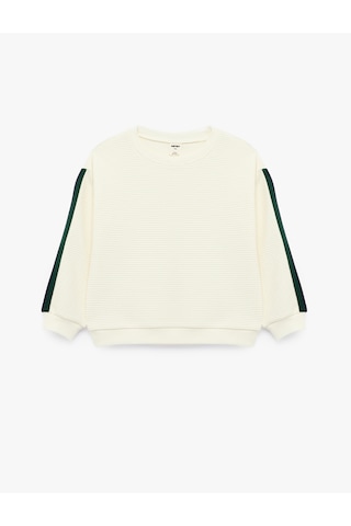 Koton Pamuklu Şerit Detaylı Bisiklet Yaka Uzun Kollu Oversize Sweatshirt Ekru 7wmb10113tk