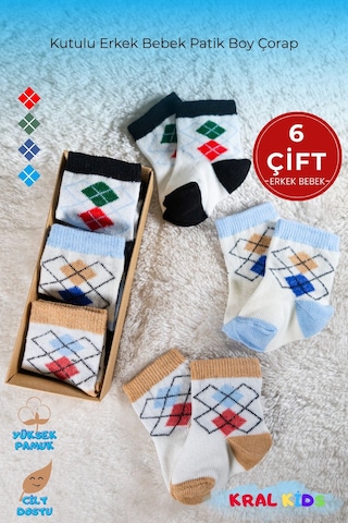 6 Çift Erkek Bebek Çorap Kutulu Patik Boy Desenli, Pamuklu Lacivert