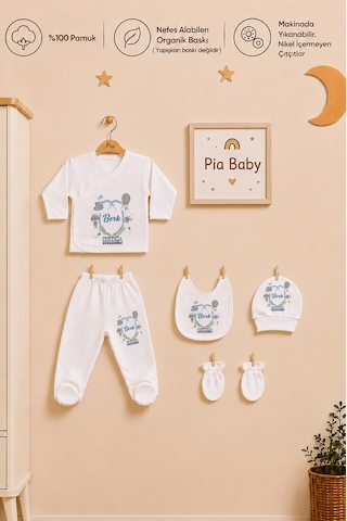 Pia Baby İsim Baskılı Erkek Bebek Hastane Çıkışı 5'li Zıbın Seti Penye Bebek Battaniyesi Ve Ham Bez Kıyafet Kesesi 1029bzkyx Krem