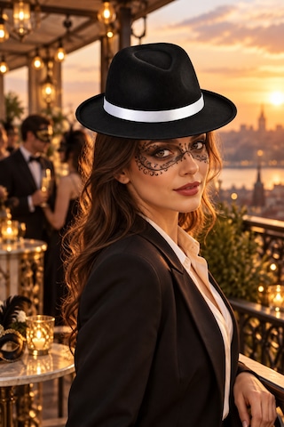 Siyah Fötr Şapka Beyaz Şeritli Retro Mafya Kostüm Şapkası Parti Sahne Halloween Cadılar Bayramı