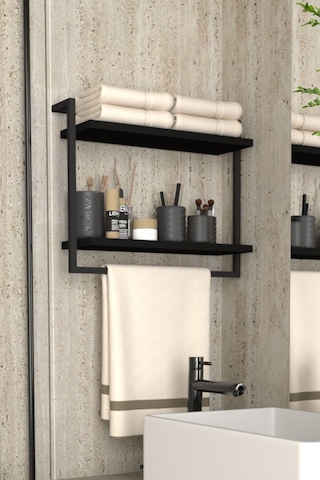 Aju 2 Katlı Raf Havluluk Kitaplık Aksesuar Ev Banyo Mutfak Düzenleyici Çok Amaçlı Raf Geniş Aralık Siyah