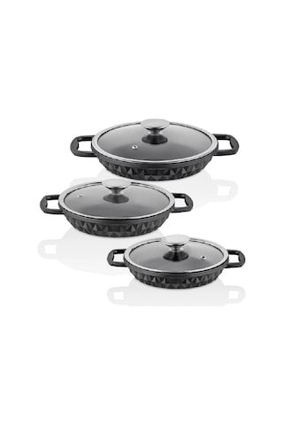 Taç Bella Cam Kapaklı 3 Lü Döküm Sahan Seti Siyah