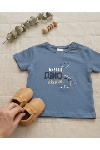 Tuffy Mavi Erkek Bebek Kahverengi Dinozor Baskılı Kısa Kollu Süprem T-shirt