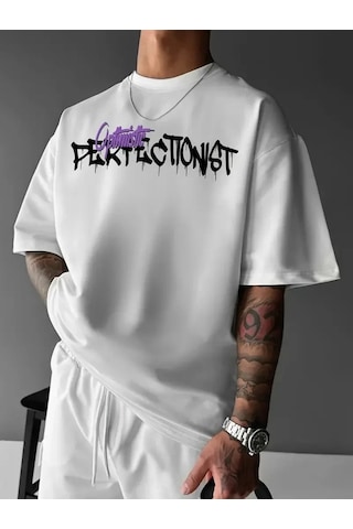 Erkek Baskılı Tişort Bisiklet Yaka Kısa Kol T-shirt - Beyaz Beyaz