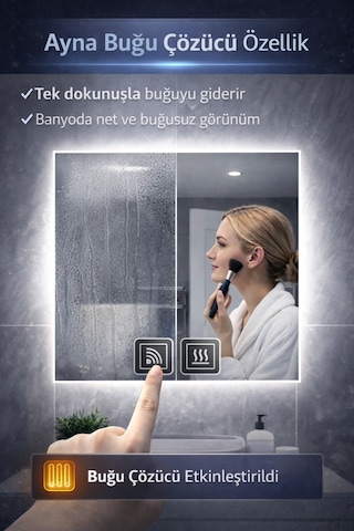 Digital Hayat Buğu Çözücü Dokunmatik Dimlenebilir Kare Ayna Beyaz Işıklı Led Dekoratif Banyo Makyaj Aynası Beyaz