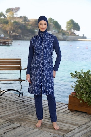 Estiva 25944 Lacivert Fermuarlı Geometrik Desenli Tam Boy Tesettür Mayo Lacivert