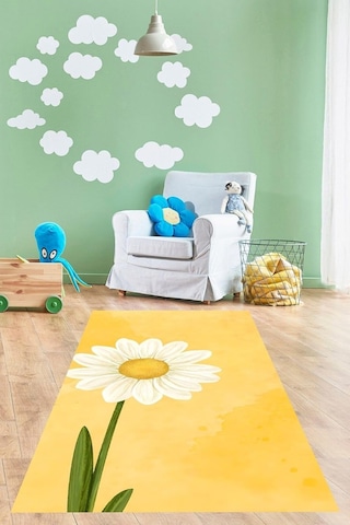 Pelangi Sarı Zemin Papatya Desenli Yıkanabilir Kaymaz Taban Leke Tutmaz Çocuk Odası Halısı, Sarı 60 X 120, 907642 Çok Renkli