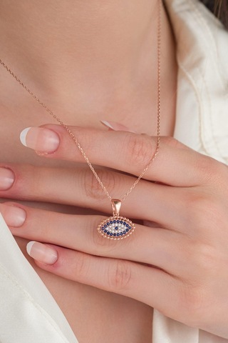 Tmt Silver Gümüş Rose Kaplama Göz Şekli Nazar Boncuklu Boncuğu Yuvarlak Zirkon Taşlı Kolye