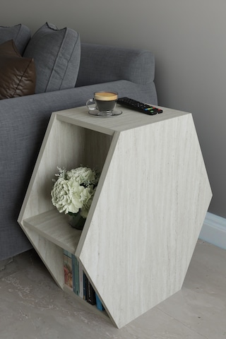 Alpa Ev Mobilya Altıgen Tasarım Yan Sehpa, Modern Koltuk Yanı Ve Dekoratif Kitaplık, Salon Sehpası Traverten