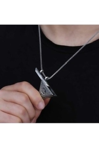 Üçgen Zincirli Metal Kadın Erkek Cevşen Muska Gümüş Kaplama 60 Cm Çok REnkli