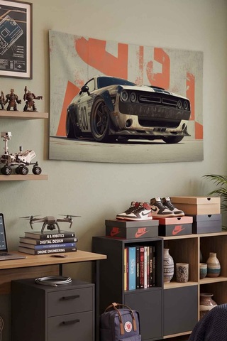 Dodge Challenger Vintage Yarış Aracı Dekoratif Duvar Örtüsü Duvar Halısı Beyaz