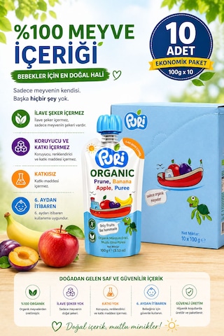Organic Mürdüm Erikli Muzlu Elma Püresi 100 G x 10 %100 Organik İlave Şekersiz 10'lu Paket