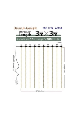 8 Fonksiyonlu Uzaktan Kumandalı Peri Perde Led - 3x3 Metre Günışığı Çok Renkli