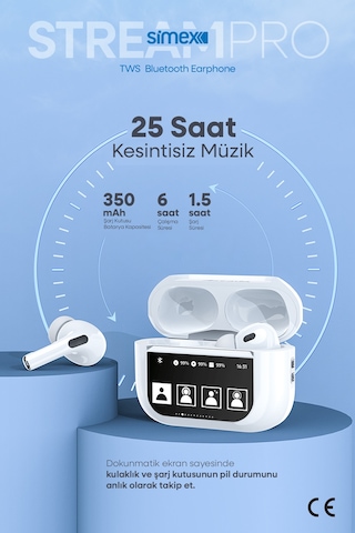Simex Stream Pro Dijital Dokunmatik Ekranlı ANC/ENC Bluetooth 5.4 Kulak İçi Kulaklık