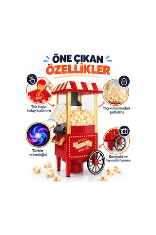 Nostaljik Arabalı Patlamış Mısır Makinesi Kırmızı