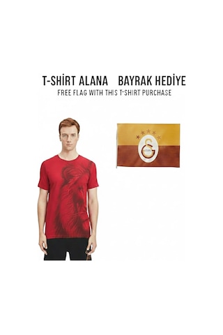 Gsstore Galatasaray Lisanslı Aslan Baskılı Sarı T-shirt Bayrak Ve Lazer Kutu Hediyeli Kırmızı