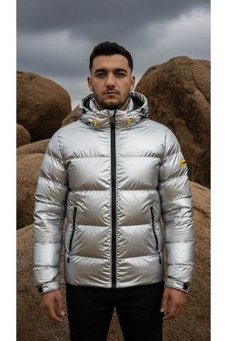 Erkek Gümüş Renk Kapüşonlu Şişme Mont Su Geçirmez Parlak Kaban Gümüş