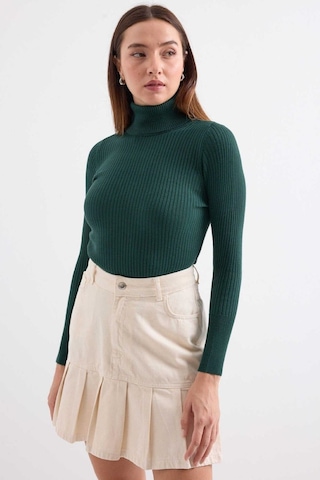 Onno Style Women Fitilli Balıkcı Yaka Basic Kazak Zümrüt Yeşili