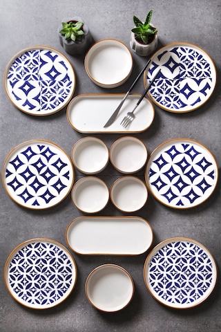 Kitchen Life 14 Parça 6 Kişilik Karo Stackable Kahvaltı Takımı - Kahvaltılık Lacivert Bej Kahverengi