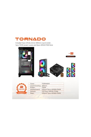 Gameagle Tornado Bilgisayar Kasası 750W + 80 POWER 240 MM  SIVI SOĞUTMA (BEYAZ)